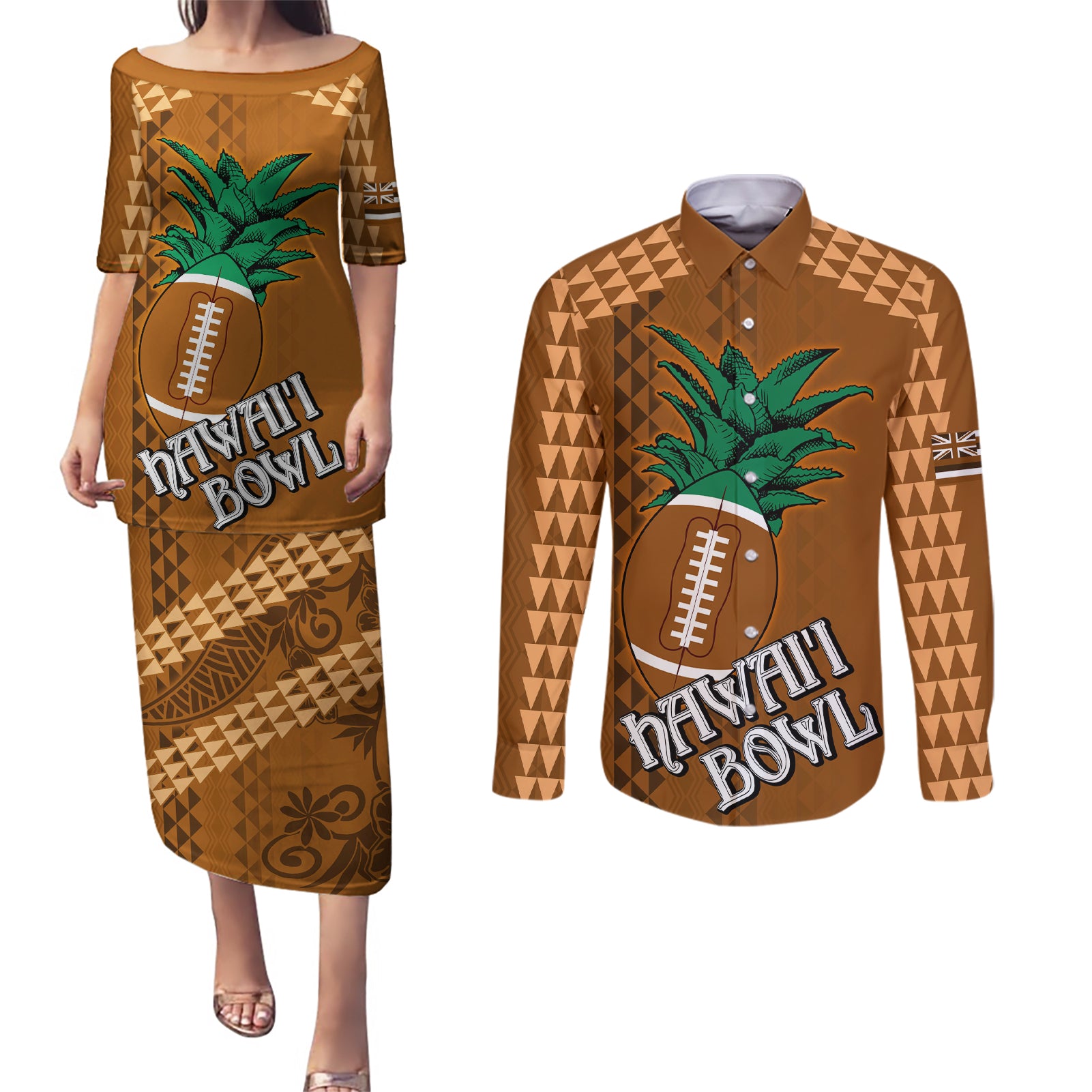 Custom Hawaii Honolulu Bowl Couples Matching Puletasi Dress and Long Sleeve Button Shirt With Kakau Tribal Pattern LT9 Brown - Polynesian Pride