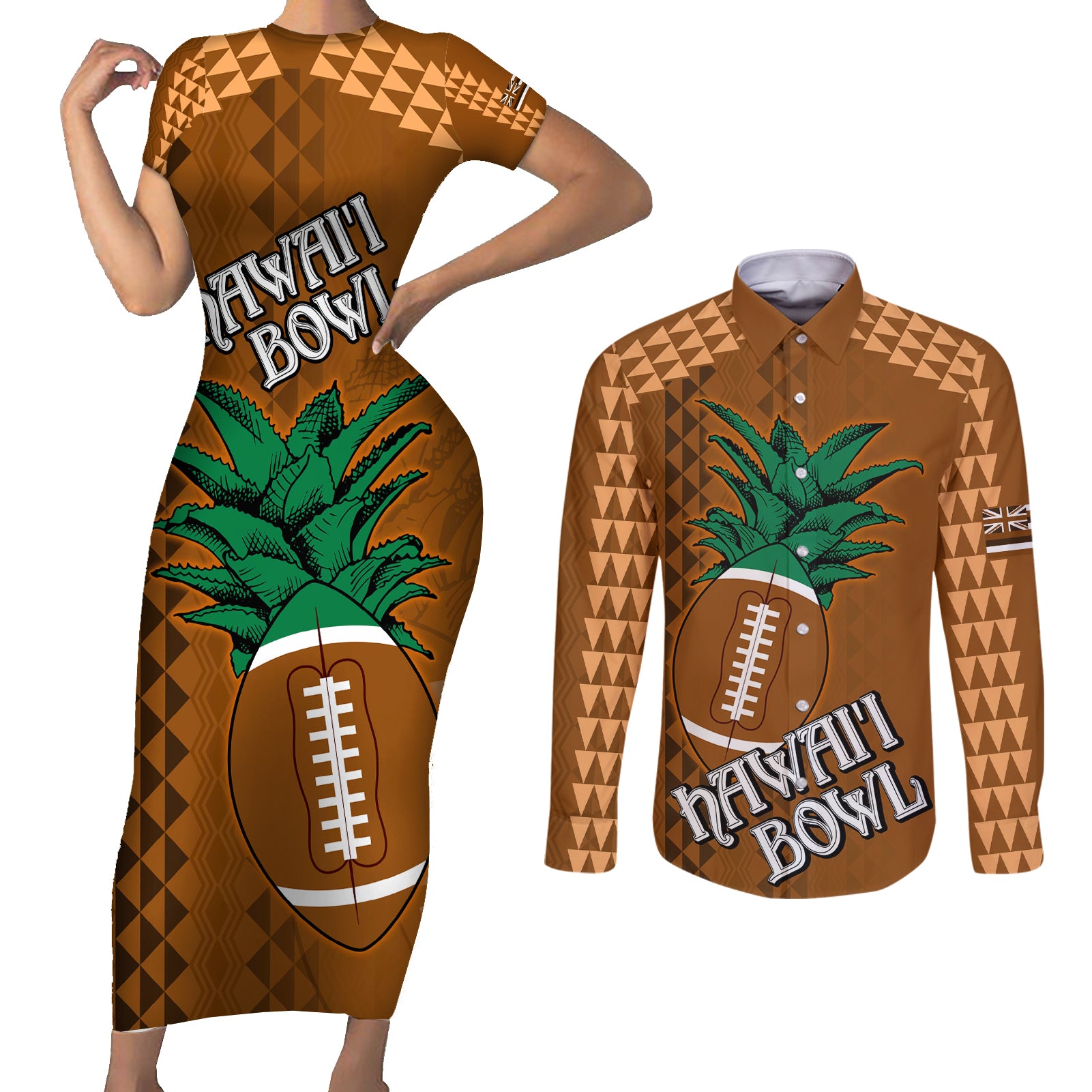 Custom Hawaii Honolulu Bowl Couples Matching Short Sleeve Bodycon Dress and Long Sleeve Button Shirt With Kakau Tribal Pattern LT9 Brown - Polynesian Pride