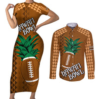 Custom Hawaii Honolulu Bowl Couples Matching Short Sleeve Bodycon Dress and Long Sleeve Button Shirt With Kakau Tribal Pattern LT9 Brown - Polynesian Pride