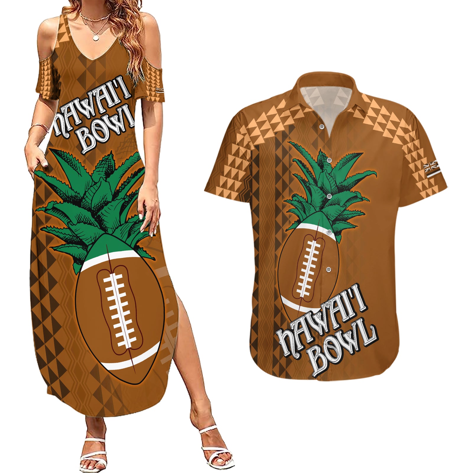 Custom Hawaii Honolulu Bowl Couples Matching Summer Maxi Dress and Hawaiian Shirt With Kakau Tribal Pattern LT9 Brown - Polynesian Pride