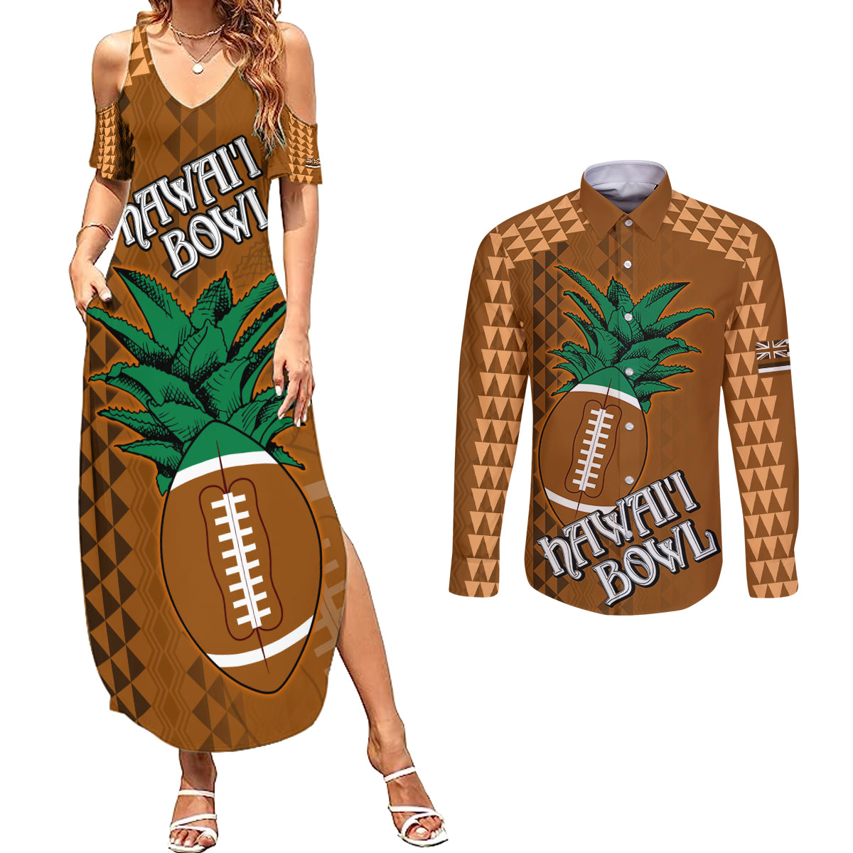 Custom Hawaii Honolulu Bowl Couples Matching Summer Maxi Dress and Long Sleeve Button Shirt With Kakau Tribal Pattern LT9 Brown - Polynesian Pride