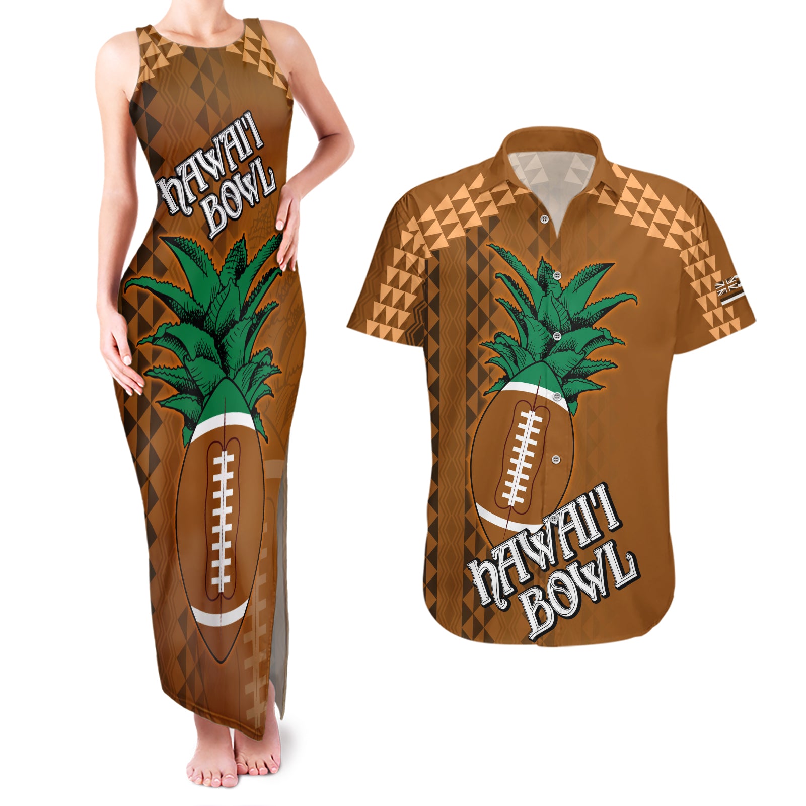 Custom Hawaii Honolulu Bowl Couples Matching Tank Maxi Dress and Hawaiian Shirt With Kakau Tribal Pattern LT9 Brown - Polynesian Pride