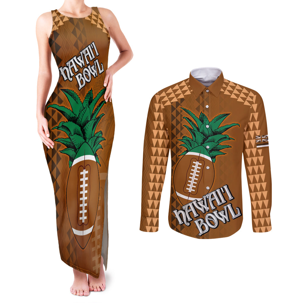 Custom Hawaii Honolulu Bowl Couples Matching Tank Maxi Dress and Long Sleeve Button Shirt With Kakau Tribal Pattern LT9 Brown - Polynesian Pride