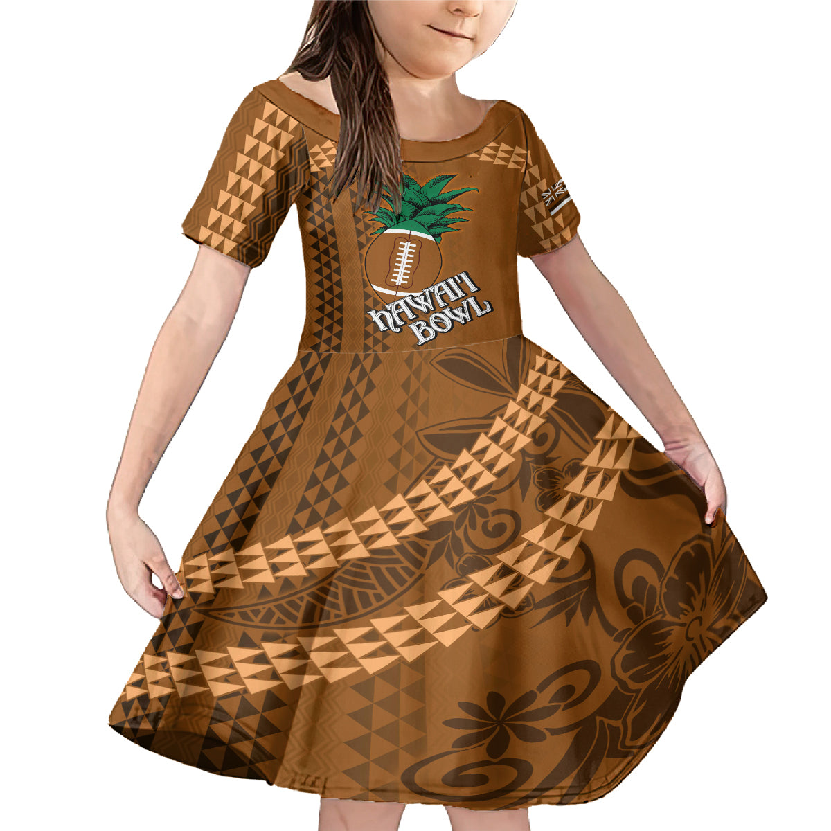 Custom Hawaii Honolulu Bowl Family Matching Mermaid Dress and Hawaiian Shirt With Kakau Tribal Pattern LT9 Daughter's Dress Brown - Polynesian Pride