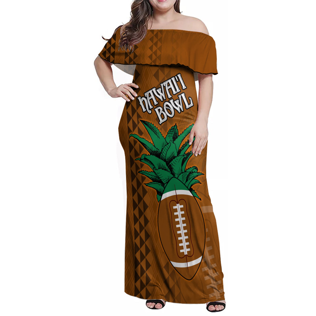 Custom Hawaii Honolulu Bowl Family Matching Off Shoulder Maxi Dress and Hawaiian Shirt With Kakau Tribal Pattern LT9 Mom's Dress Brown - Polynesian Pride