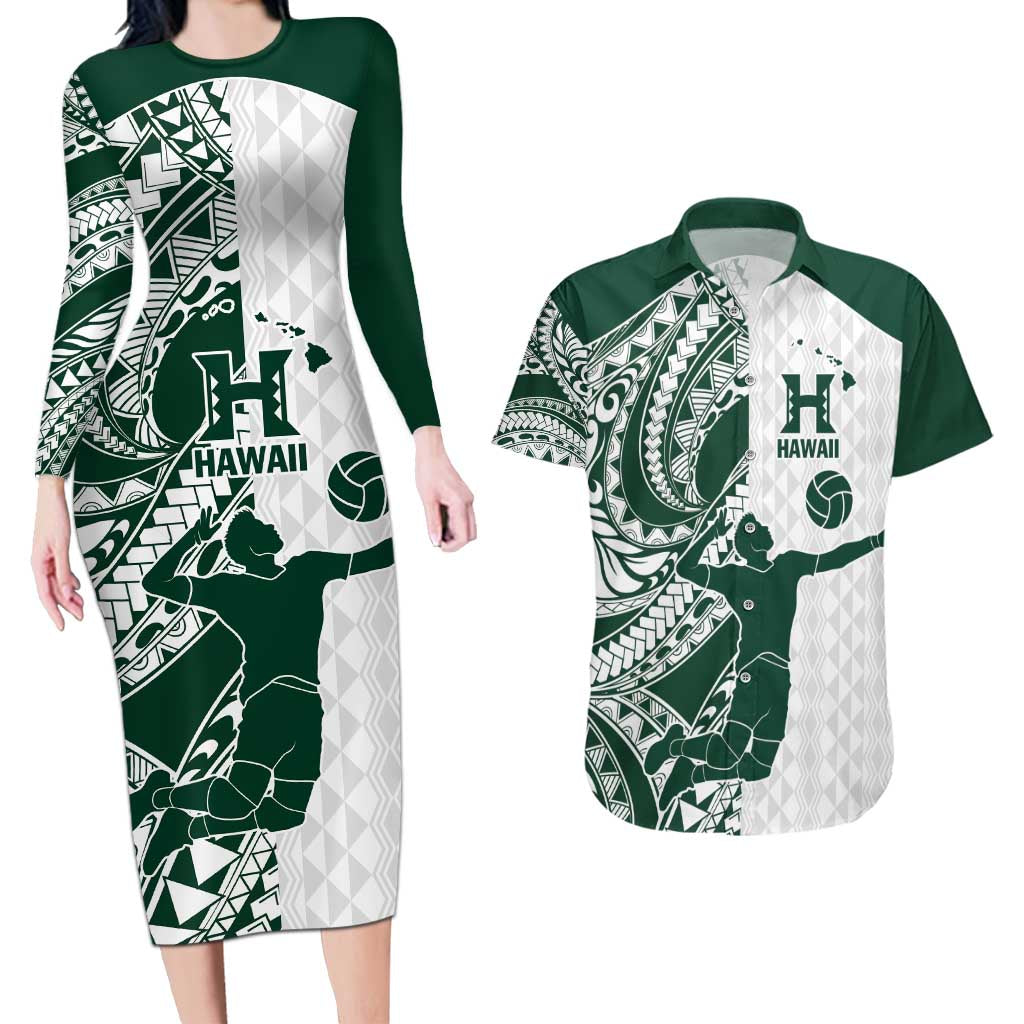 Polynesian Hawaii Volleyball Custom Couples Matching Long Sleeve Bodycon Dress and Hawaiian Shirt Kakau with Sport Style