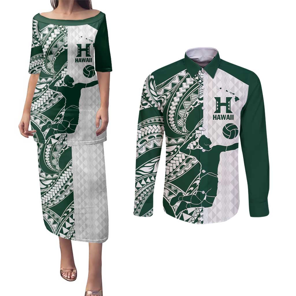 Polynesian Hawaii Volleyball Custom Couples Matching Puletasi and Long Sleeve Button Shirt Kakau with Sport Style LT9 White - Polynesian Pride