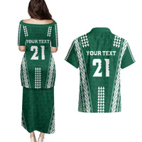 Polynesian Hawaii Volleyball Custom Couples Matching Puletasi and Hawaiian Shirt Green Kakau with Map Motif