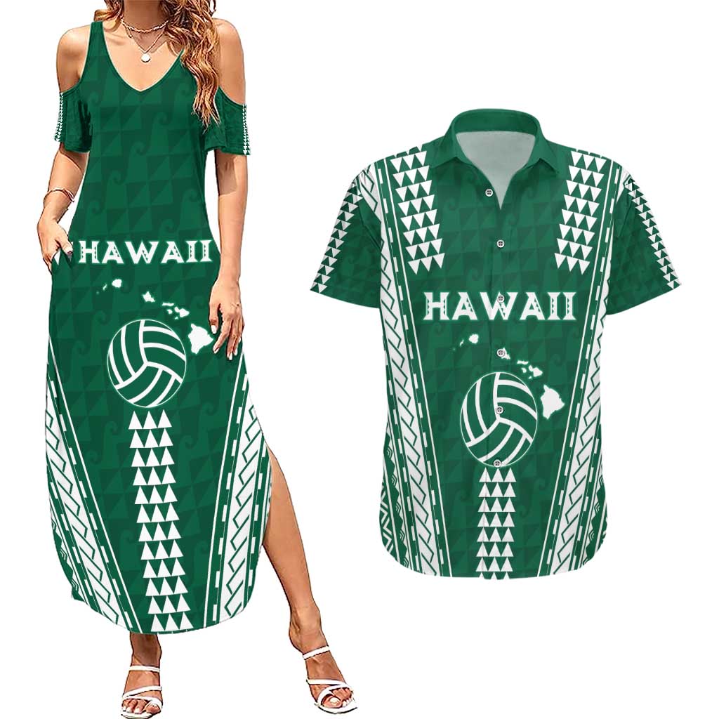 Polynesian Hawaii Volleyball Custom Couples Matching Summer Maxi Dress and Hawaiian Shirt Green Kakau with Map Motif