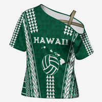 Polynesian Hawaii Volleyball Custom Cross Shoulder Shirt Green Kakau with Map Motif - Polynesian Pride