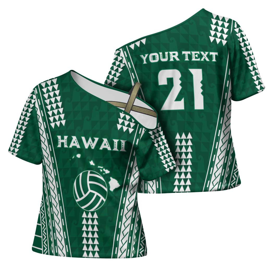 Polynesian Hawaii Volleyball Custom Cross Shoulder Shirt Green Kakau with Map Motif - Polynesian Pride