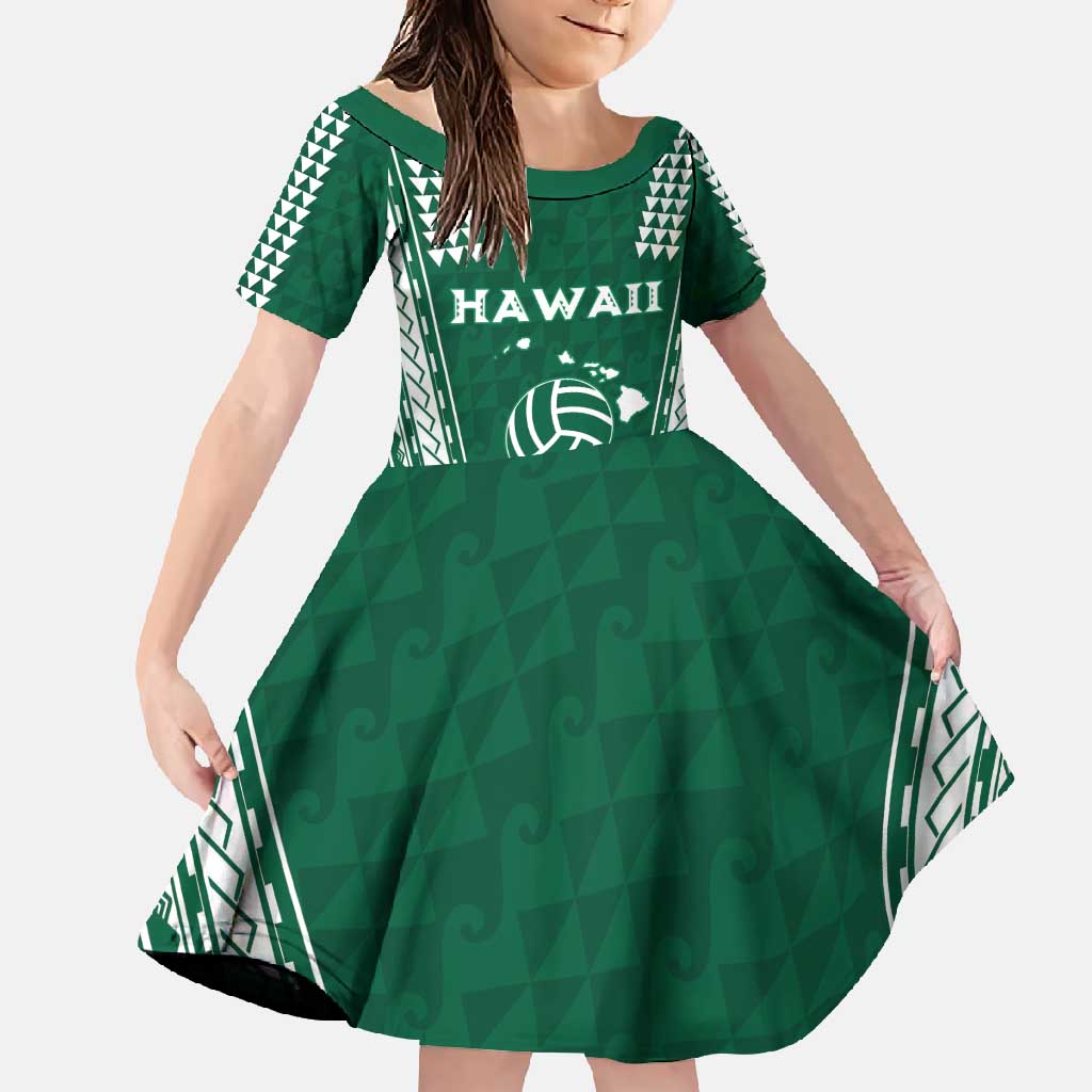 Polynesian Hawaii Volleyball Custom Family Matching Long Sleeve Bodycon Dress and Hawaiian Shirt Green Kakau with Map Motif