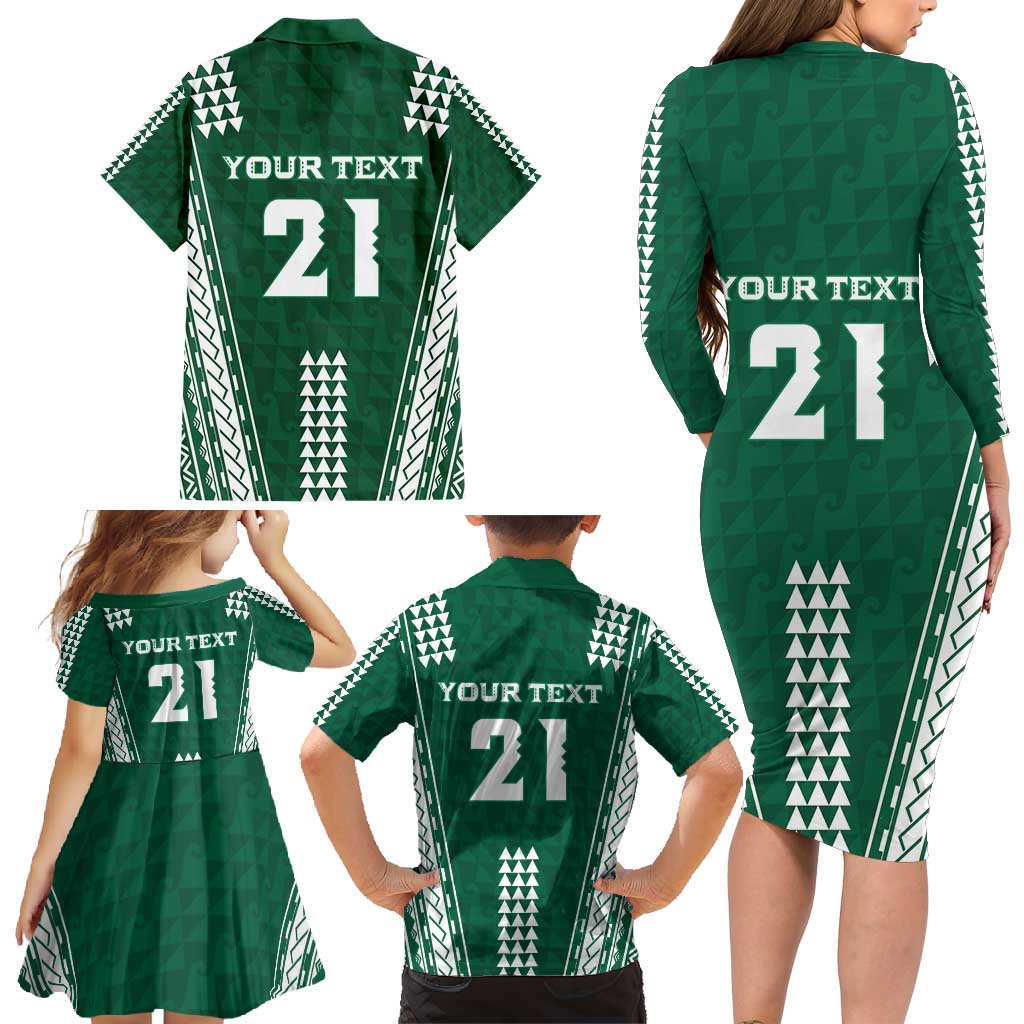 Polynesian Hawaii Volleyball Custom Family Matching Long Sleeve Bodycon Dress and Hawaiian Shirt Green Kakau with Map Motif