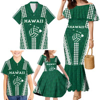 Polynesian Hawaii Volleyball Custom Family Matching Mermaid Dress and Hawaiian Shirt Green Kakau with Map Motif