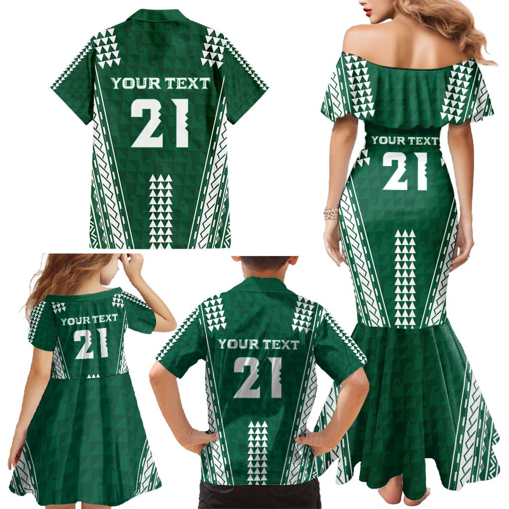 Polynesian Hawaii Volleyball Custom Family Matching Mermaid Dress and Hawaiian Shirt Green Kakau with Map Motif