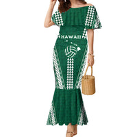 Polynesian Hawaii Volleyball Custom Family Matching Mermaid Dress and Hawaiian Shirt Green Kakau with Map Motif