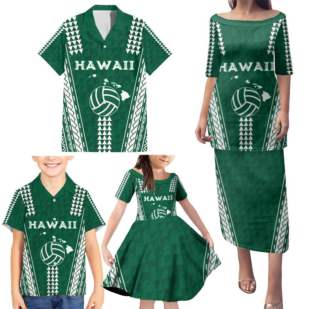 Polynesian Hawaii Volleyball Custom Family Matching Puletasi and Hawaiian Shirt Green Kakau with Map Motif