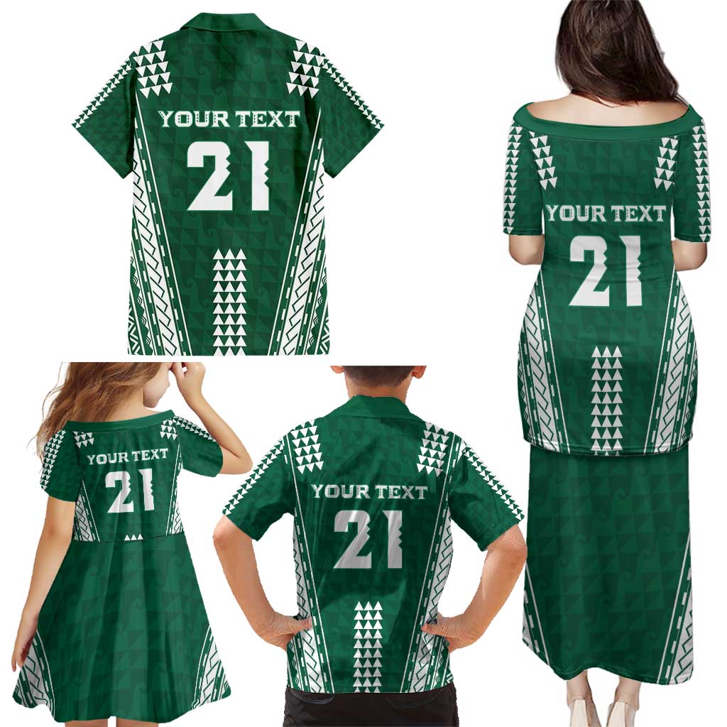 Polynesian Hawaii Volleyball Custom Family Matching Puletasi and Hawaiian Shirt Green Kakau with Map Motif