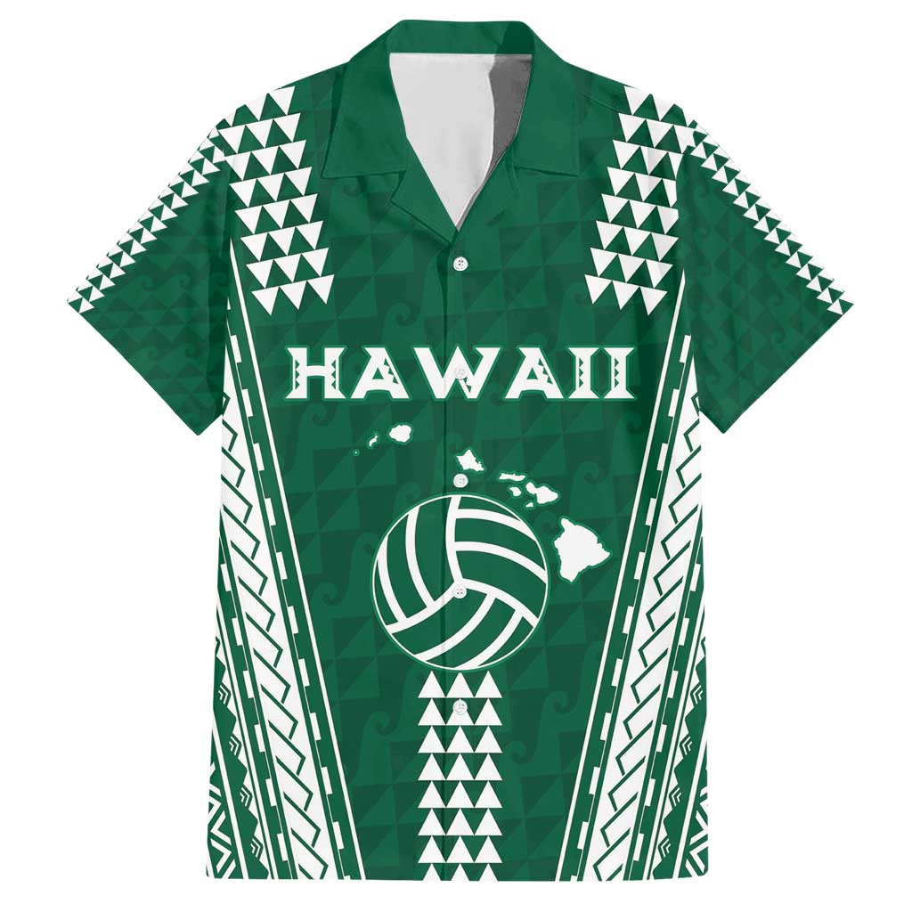 Polynesian Hawaii Volleyball Custom Family Matching Short Sleeve Bodycon Dress and Hawaiian Shirt Green Kakau with Map Motif