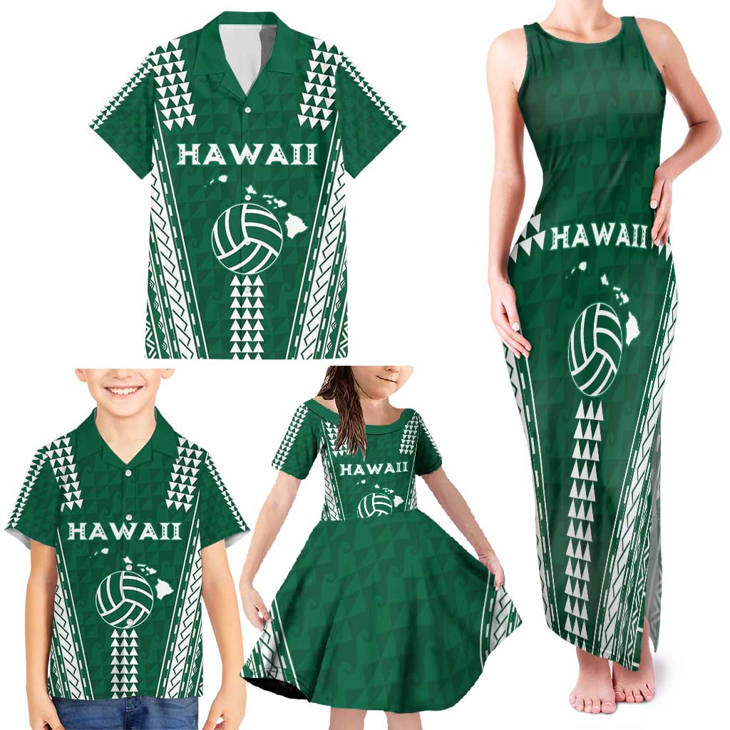 Polynesian Hawaii Volleyball Custom Family Matching Tank Maxi Dress and Hawaiian Shirt Green Kakau with Map Motif
