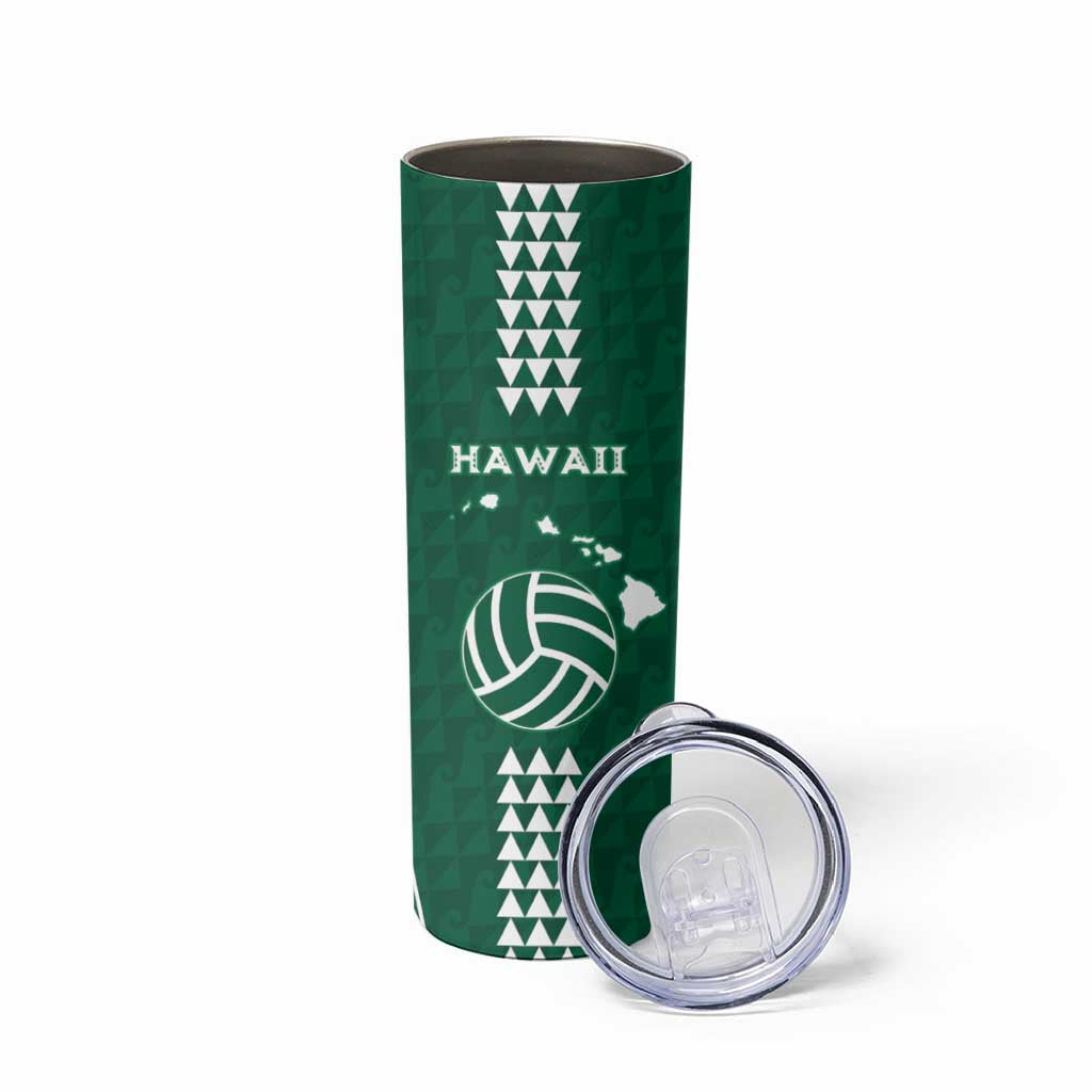 Polynesian Hawaii Volleyball Custom Skinny Tumbler Green Kakau with Map Motif
