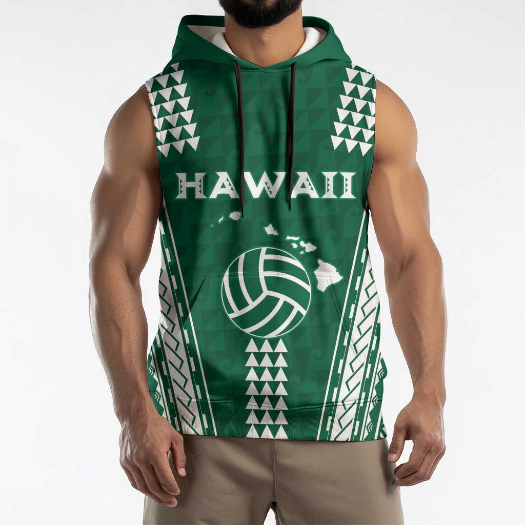Polynesian Hawaii Volleyball Custom Sleeveless Hoodie Green Kakau with Map Motif - Polynesian Pride