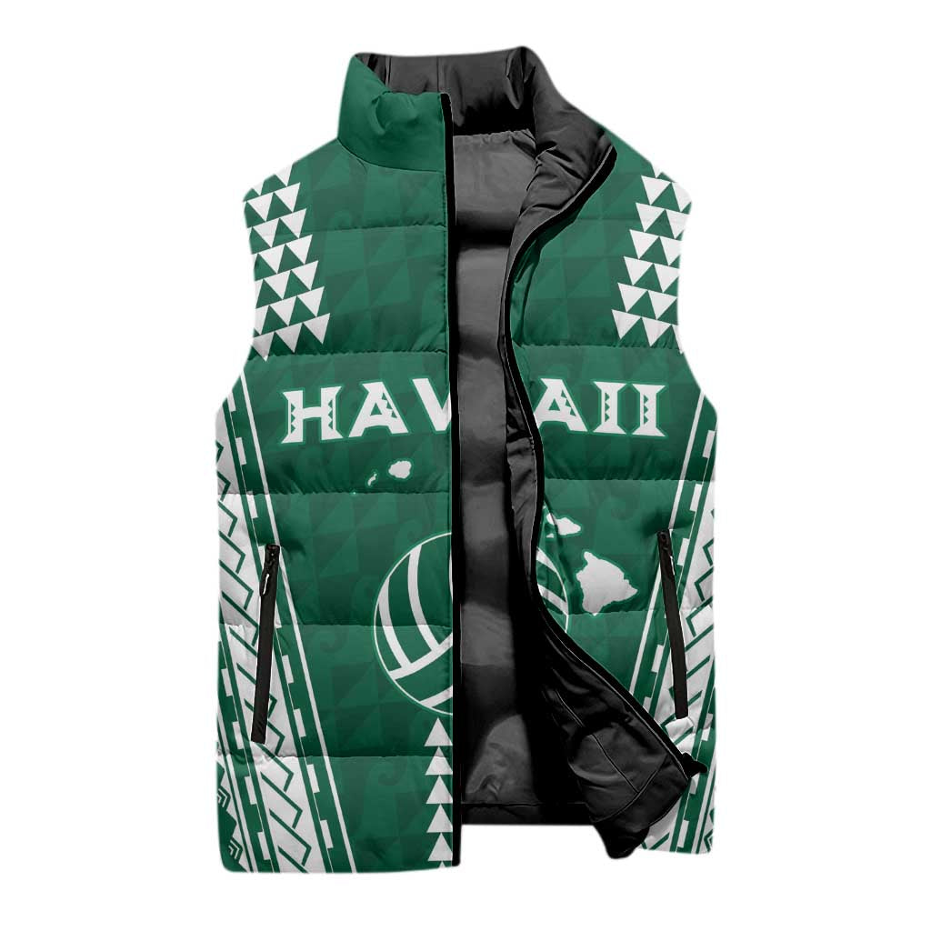 Polynesian Hawaii Volleyball Custom Sleeveless Puffer Jacket Green Kakau with Map Motif - Polynesian Pride