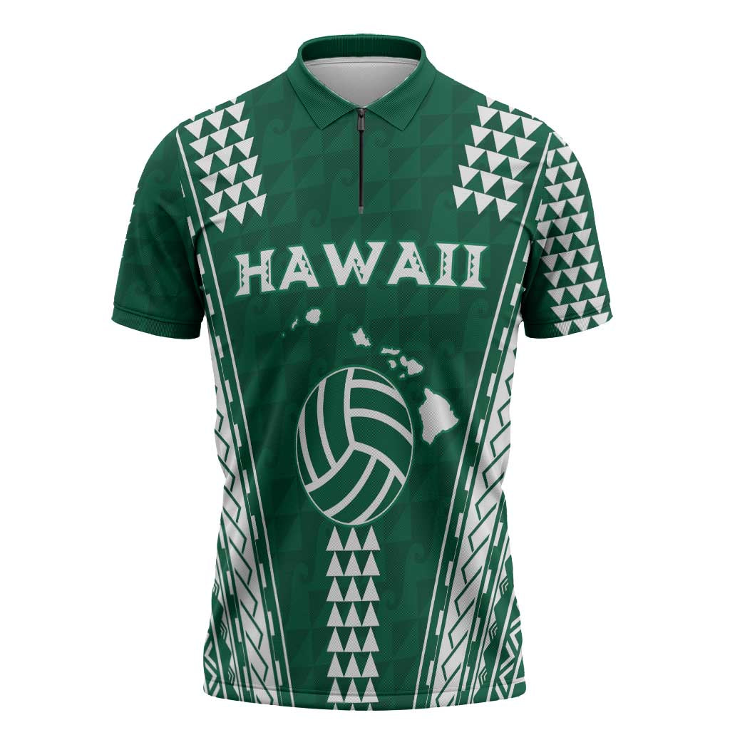 Polynesian Hawaii Volleyball Custom Zipper Polo Shirt Green Kakau with Map Motif - Polynesian Pride