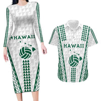 Polynesian Hawaii Volleyball Custom Couples Matching Long Sleeve Bodycon Dress and Hawaiian Shirt White Kakau with Map Motif
