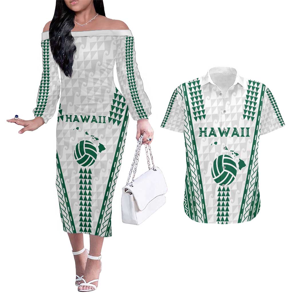 Polynesian Hawaii Volleyball Custom Couples Matching Off The Shoulder Long Sleeve Dress and Hawaiian Shirt White Kakau with Map Motif
