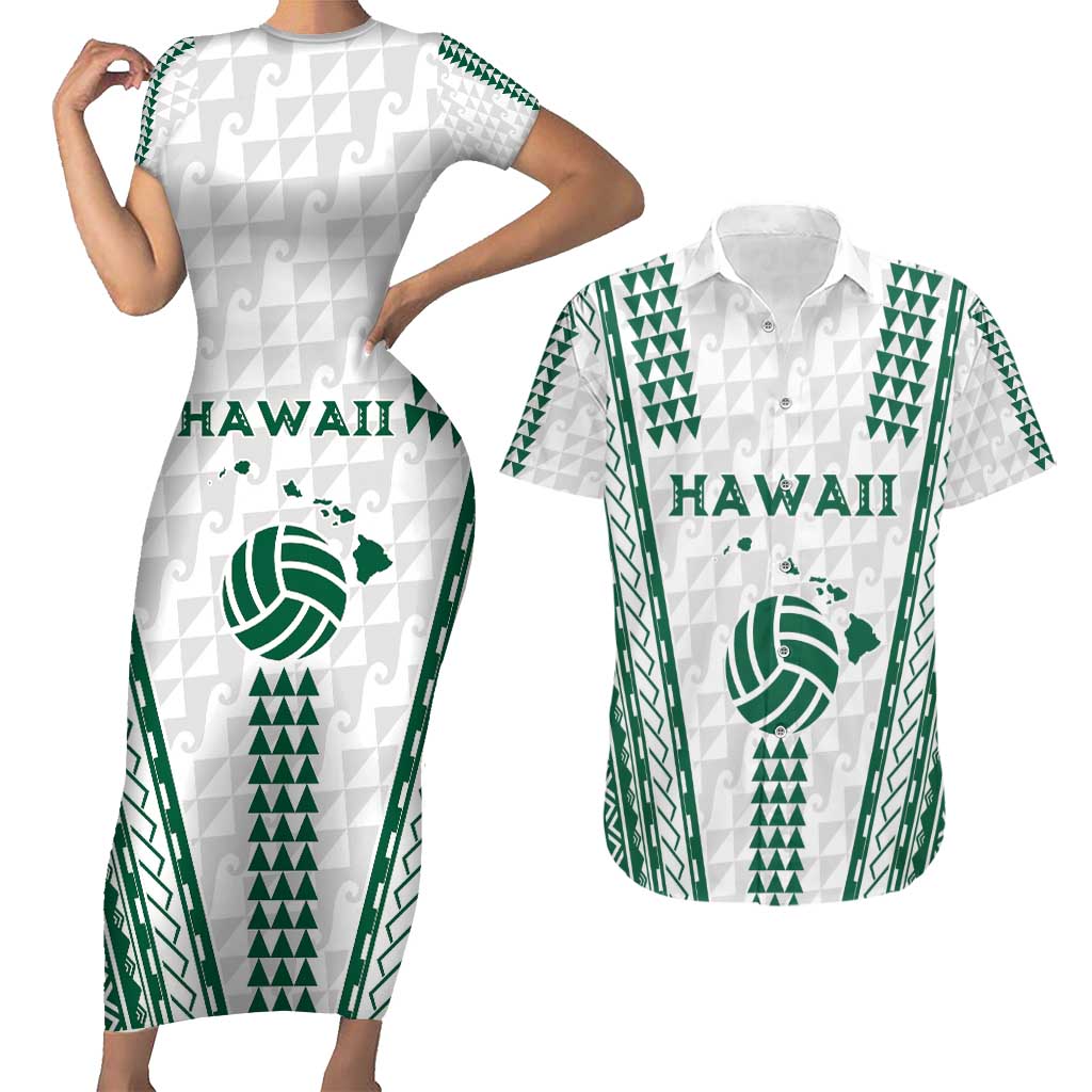 Polynesian Hawaii Volleyball Custom Couples Matching Short Sleeve Bodycon Dress and Hawaiian Shirt White Kakau with Map Motif