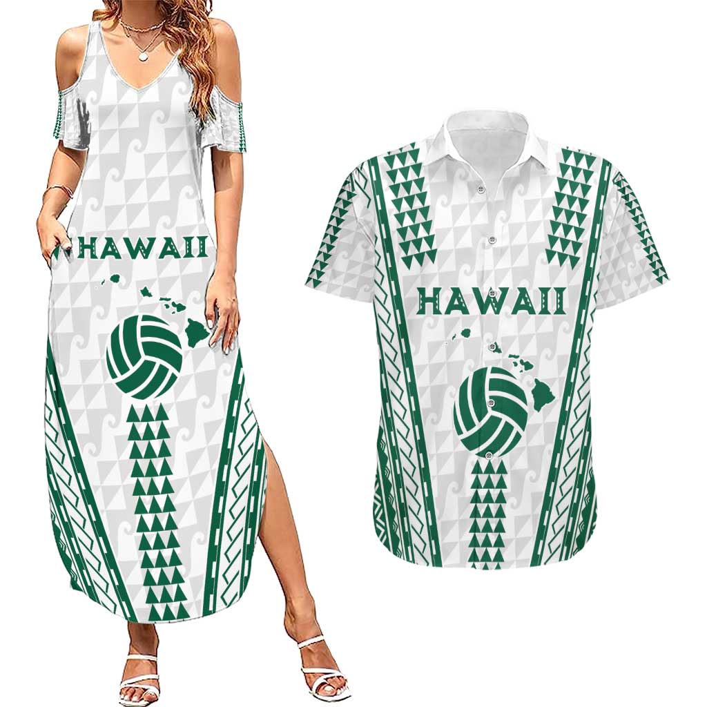 Polynesian Hawaii Volleyball Custom Couples Matching Summer Maxi Dress and Hawaiian Shirt White Kakau with Map Motif