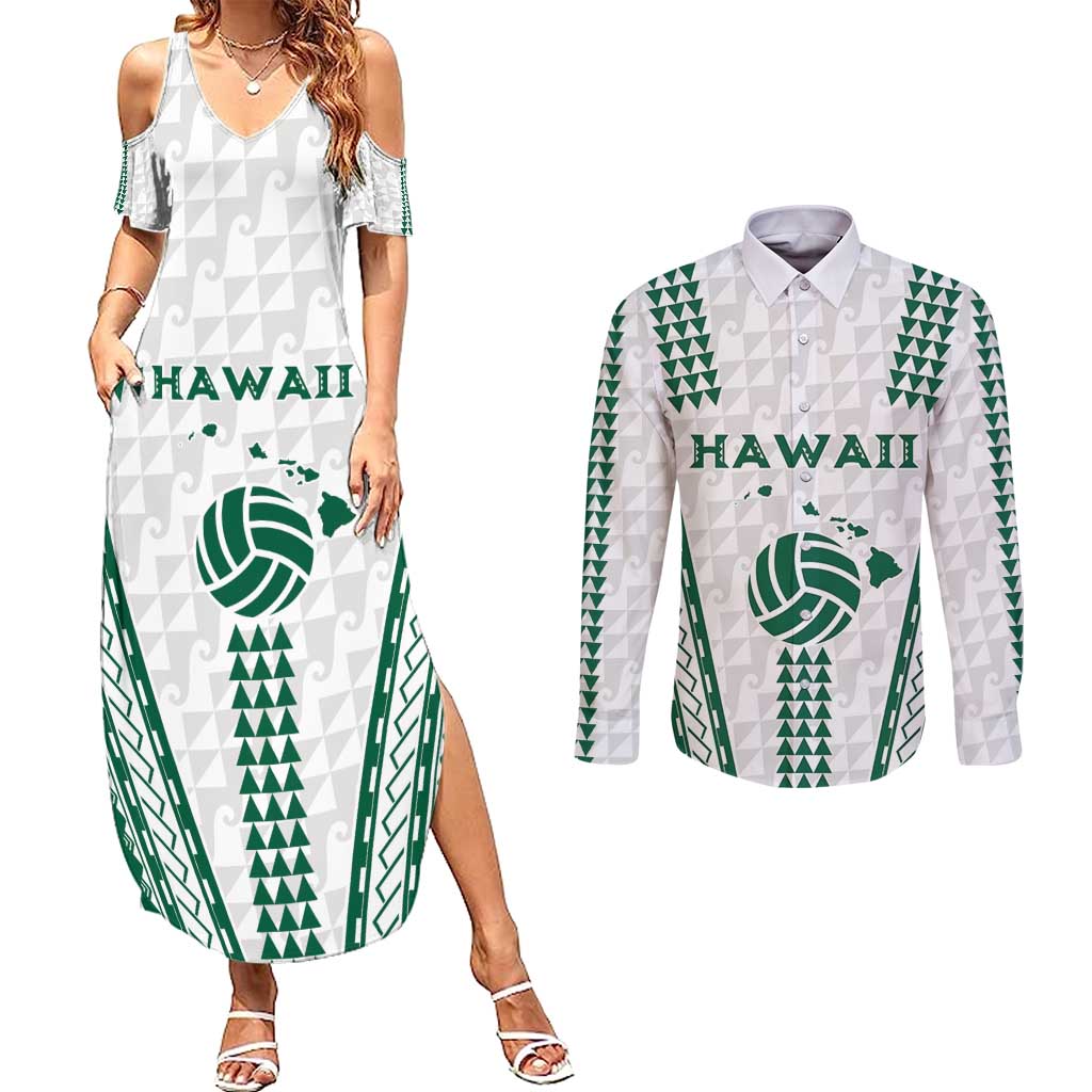 Polynesian Hawaii Volleyball Custom Couples Matching Summer Maxi Dress and Long Sleeve Button Shirt White Kakau with Map Motif LT9 White - Polynesian Pride