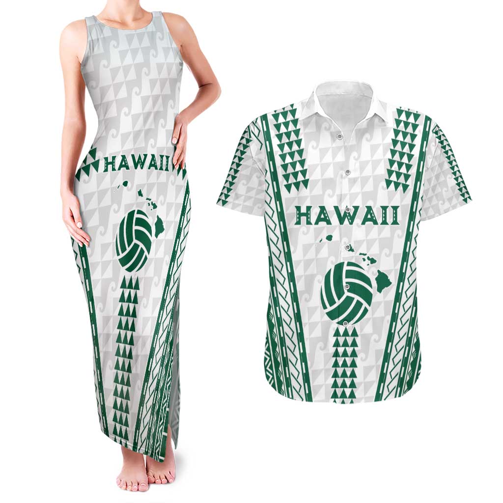 Polynesian Hawaii Volleyball Custom Couples Matching Tank Maxi Dress and Hawaiian Shirt White Kakau with Map Motif