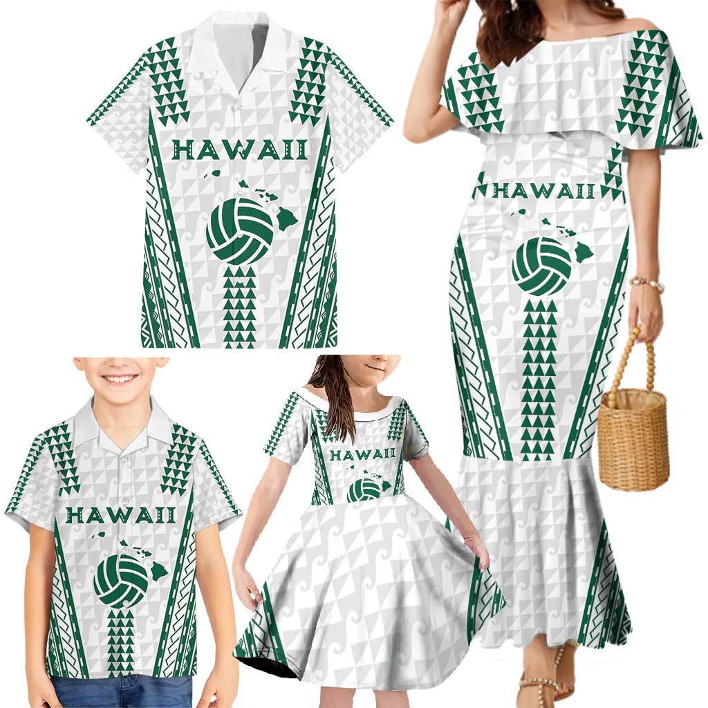 Polynesian Hawaii Volleyball Custom Family Matching Mermaid Dress and Hawaiian Shirt White Kakau with Map Motif
