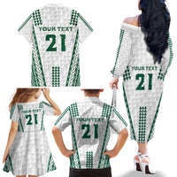 Polynesian Hawaii Volleyball Custom Family Matching Off The Shoulder Long Sleeve Dress and Hawaiian Shirt White Kakau with Map Motif