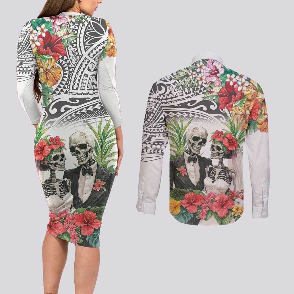 Skeleton Love for Valentine’s Day Couples Matching Long Sleeve Bodycon Dress and Long Sleeve Button Shirt Polynesian Tribal Love Forever