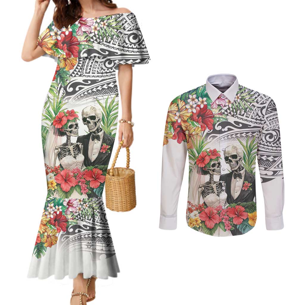 Skeleton Love for Valentine’s Day Couples Matching Mermaid Dress and Long Sleeve Button Shirt Polynesian Tribal Love Forever