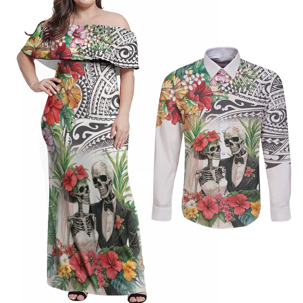 Skeleton Love for Valentine’s Day Couples Matching Off Shoulder Maxi Dress and Long Sleeve Button Shirt Polynesian Tribal Love Forever