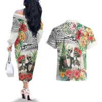 Skeleton Love for Valentine’s Day Couples Matching Off The Shoulder Long Sleeve Dress and Hawaiian Shirt Polynesian Tribal Love Forever