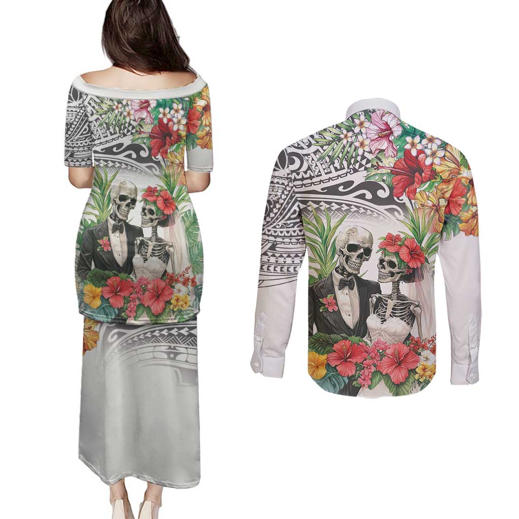 Skeleton Love for Valentines Day Couples Matching Puletasi and Long Sleeve Button Shirt Polynesian Tribal Love Forever LT9 - Polynesian Pride