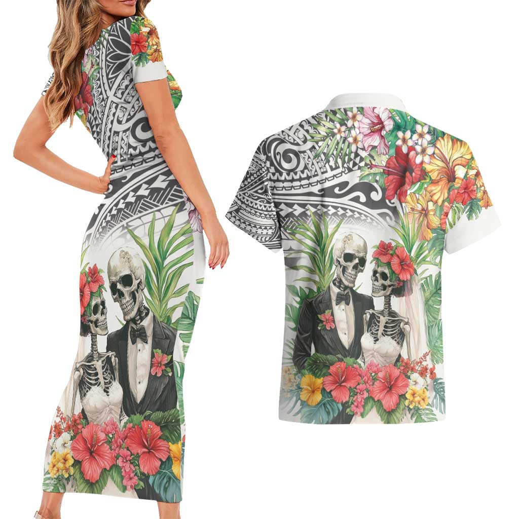 Skeleton Love for Valentine’s Day Couples Matching Short Sleeve Bodycon Dress and Hawaiian Shirt Polynesian Tribal Love Forever