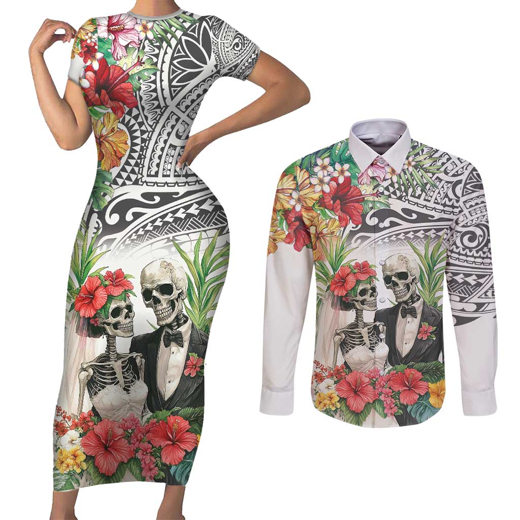 Skeleton Love for Valentine’s Day Couples Matching Short Sleeve Bodycon Dress and Long Sleeve Button Shirt Polynesian Tribal Love Forever