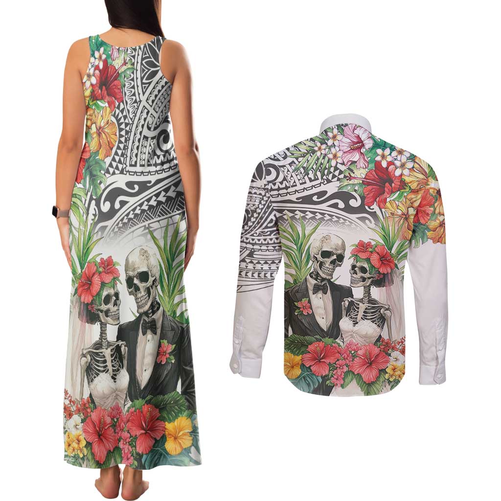 Skeleton Love for Valentine’s Day Couples Matching Tank Maxi Dress and Long Sleeve Button Shirt Polynesian Tribal Love Forever