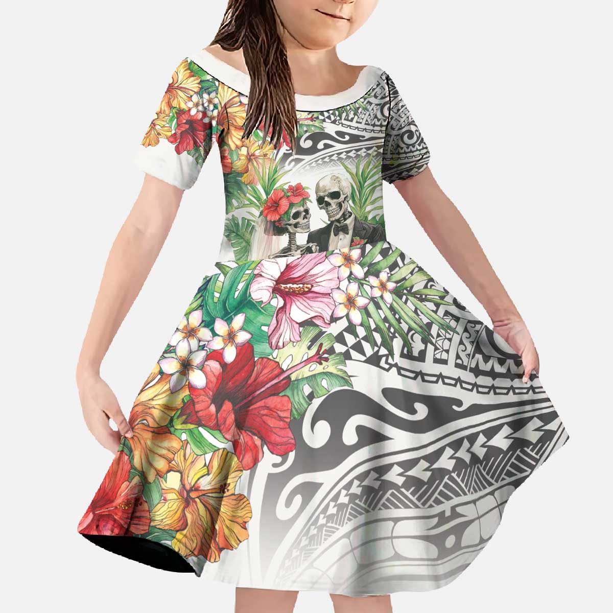 Skeleton Love for Valentine’s Day Family Matching Off The Shoulder Long Sleeve Dress and Hawaiian Shirt Polynesian Tribal Love Forever