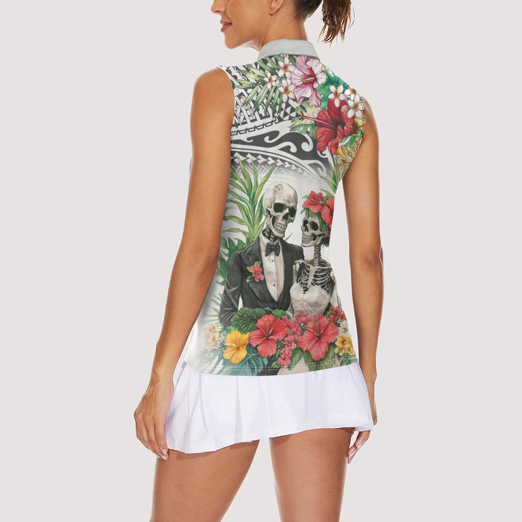 Skeleton Love for Valentine’s Day Women Sleeveless Polo Shirt Polynesian Tribal Love Forever