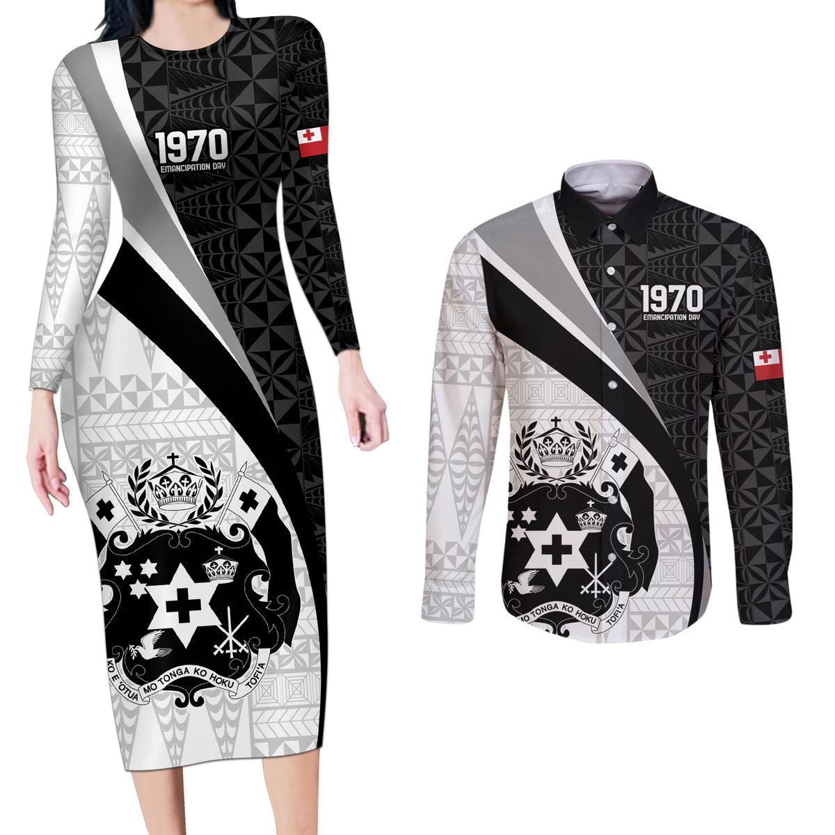 Personalised Tonga Emancipation Day Couples Matching Long Sleeve Bodycon Dress and Long Sleeve Button Shirt Since 1970 Ngatu Tribal Pattern LT9 Black - Polynesian Pride