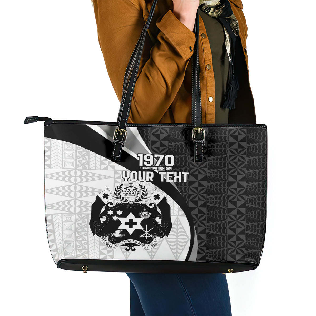 Personalised Tonga Emancipation Day Leather Tote Bag Since 1970 Ngatu Tribal Pattern