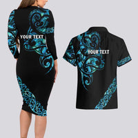 All Black Maori Tribal Tattoo Personalised Couples Matching Long Sleeve Bodycon Dress and Hawaiian Shirt Polynesian Style