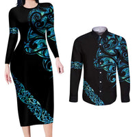 All Black Maori Tribal Tattoo Personalised Couples Matching Long Sleeve Bodycon Dress and Long Sleeve Button Shirt Polynesian Style